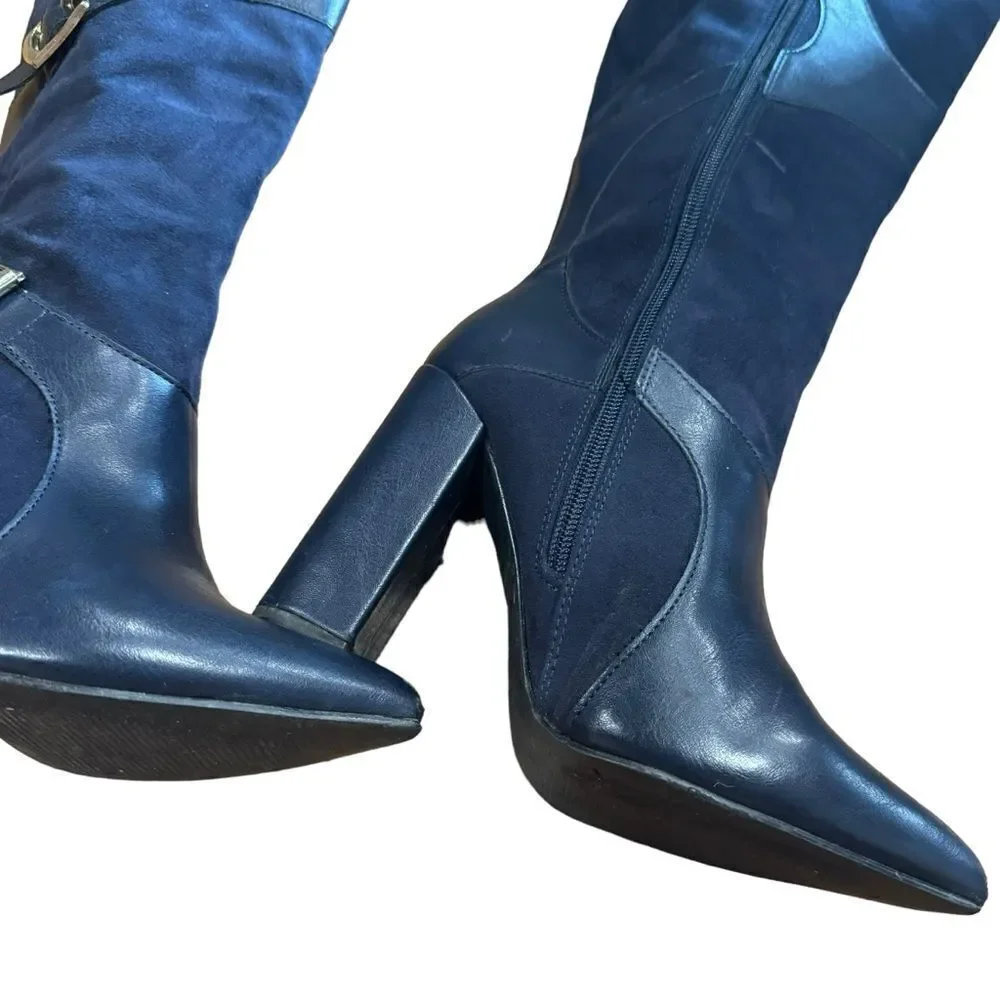 JUSTFAB Yelda Navy Blue Gold Buckle Knee High Heeled Pointed Toe Boots